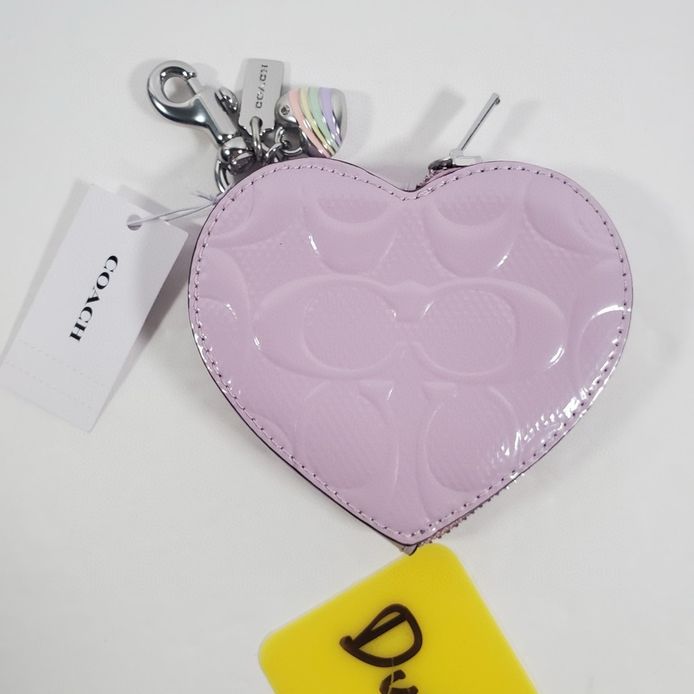 Coach Heart Bag Charm With Patent Signature Leather In SV/Purple  NWT
